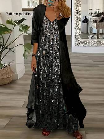 Conjunto de 2 piezas de vestido con estampado estrellado y ajustable talla grande cardigan de manga 3/4 de gasa para mujer de talla grande, adecuado para Navidad, Año Nuevo, bodas y uso diario