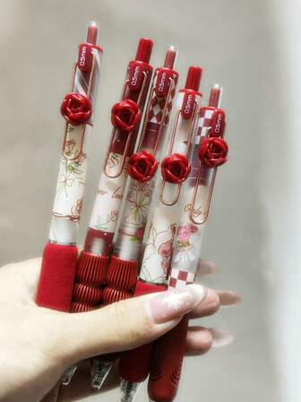 一盒5支装按压式回弹笔，玫瑰花形软握笔杆，高性价比，INS风格0.5毫米笔尖，速干墨水，适用于学生考试，最佳情人节礼物，返校用品，返校必备，学生必备，开学礼物，红色、粉色、紫色和绿色可选