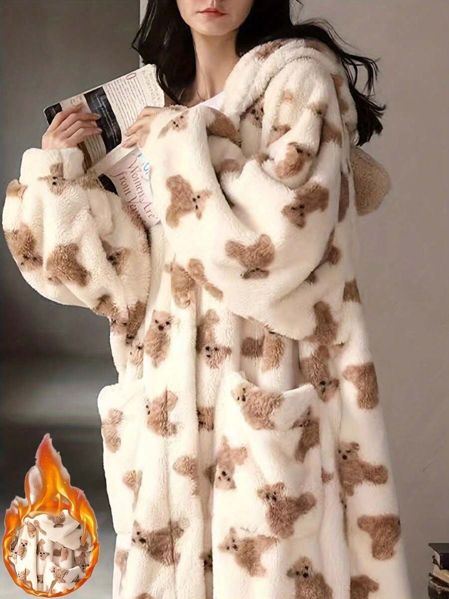 1件装冬季睡衣 - 加厚抓绒连帽浴袍，小熊图案，长袖家居服，保暖舒适，可爱动物睡衣，寒冷天气必备，适合居家、水疗或送礼，可爱睡衣款式，水疗浴袍 - 彩色 - 查看 1