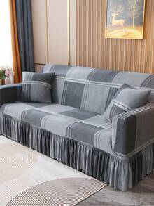 1pc Printed Ruffled Elastic Sofa Cover, Machine Washable, Protects Sofa, Dust & Dirt Resistant, Suitable For All Seasons