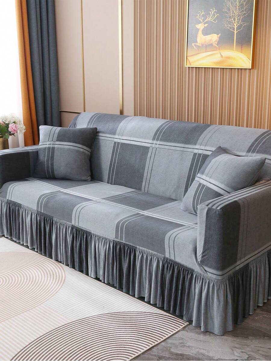 1pc Printed Ruffled Elastic Sofa Cover, Machine Washable, Protects Sofa, Dust & Dirt Resistant, Suitable For All Seasons