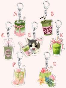 1个可爱小猫夏季亚克力钥匙扣，卡哇伊抹茶蝴蝶结饮料钥匙扣/咖啡蝴蝶结饮料/可爱小猫手捧咖啡钥匙扣，2D亚克力吊坠，夏季清爽饮品吊坠，包包吊坠，日常佩戴及节日礼物，ins风 - 彩色 - 查看 2