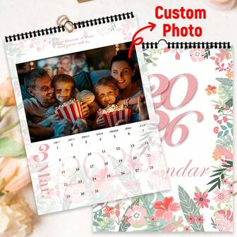 [Custom] 2026 Calendar, 12 Months Super Large Customized Calendar, Home Decor, Office Supplies, Plants, Floral Spiral Wall Calendar, Photo Customization, Home Decoration, New Year Gift, Photo Customization, Small Gift, Holiday Gift, 2026 Wall Calendar, New Year, Suitable For Giving To Family, Friends, Party Decoration, Includes English And Arabic Versions