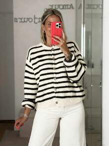 Women's Vintage Striped Cardigan, Casual Daily Wear, Suitable For Dates, Shopping, Spring/Autumn/Winter White - White - View 3