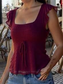 女士酒红色蕾丝短款上衣 | 短袖方领系带褶皱上衣，适合早午餐和街头穿着 - 酒紅色 - 查看 5