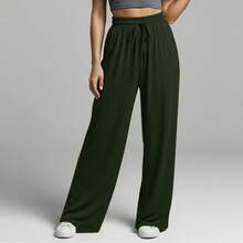 Comfortable Women's Wide-Leg Sweatpants, Soft, Structured Fit, Casual, Basic, Plain, With A Faux Drawstring. - Verde militar - Ver 11