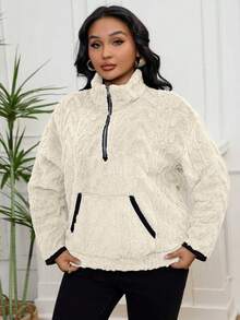 Hanorac cu buzunar scurt și fermoar, stil european și american, mărime plus, toamnă/iarnă