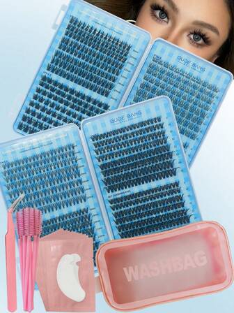 2 cajas, set de 1040 pestañas postizas en racimo, look natural, rizado D, longitud mixta de 8-16mm, con 10 almohadillas para ojos, 10 cepillos para pestañas y pinzas, para aplicación en casa, regalos perfectos, ideal para la temporada de vuelta al colegio y Navidad