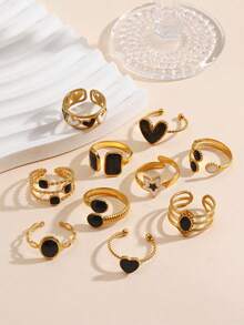 1/3/6/9/12 piezas Juego de anillos geométricos abiertos minimalistas de acero inoxidable negro con goteo de aceite, adecuado para uso diario de mujeres (entrega de estilo aleatorio) - Negro - Ver 4