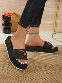 2024 New Thick Sole Wedge Slide Sandals For Women, Fashion Summer Beach Slippers - Black - View 10