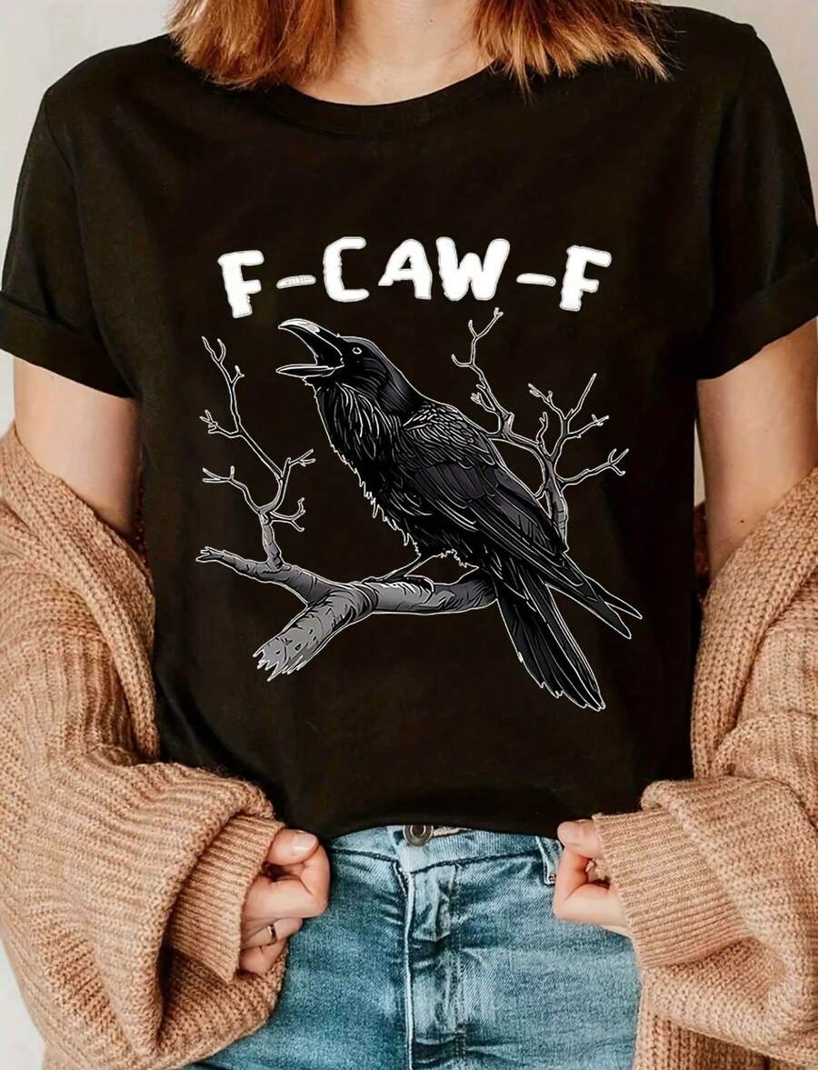 Funny F-CAW-F Pattern Halloween Costume Comfortable Casual And Fashionable Crow Print Womens Short-Sleeved T-Shirt - 黑色 - 查看 1