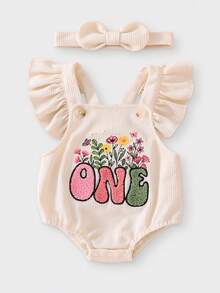 Infant Girls' Summer Letter Embroidered Romper, Soft Beige Tone With Waffle Fabric, Ruffle Strap Design Cute And Sweet, Matching Bow Headband, Suitable For Birthday Party, Photo Shoot Or Everyday Wear - Beige - View 2
