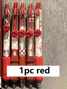 1 Box Of 5 Click-To-Retract Pens, Rose-Shaped Soft Grip, High Value, INS Style 0.5mm Nib, Fast Drying Ink, For Student Exams, Best Valentine's Day Gifts, Back To School Supplies, Back To School Essentials, School Essentials, For Students, Opening Gifts, Red, Pink, Purple And Green Look - Rose Red - View 5
