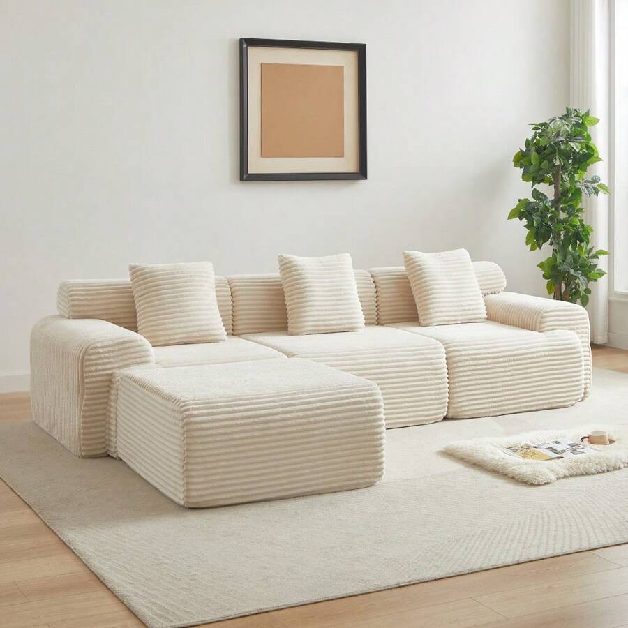 114-Inch Corduroy Modular Sofa Boneless Couch, Featuring An Inlaid Structural Design, Three Throw Pillows, Wider Backrest Design And Four Freely Configurable Modules. - Beige + Corduroy + 4 Seat - View 1