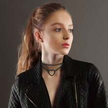 Choker Collar For Women Adjustable Heart Shape Goth Necklaces Black Leather Choker Necklace 80s Rave Punk Necklace For Halloween Cospaly Goth Accessories - 如圖 - 查看 6