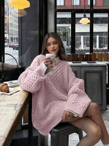 Autumn/Winter New Women's Valentines Day Casual Loose Street Elegant Outing Date Back To School Twist Rope Knitted Long Sleeve Round Neck Pink Sweater - Pink - View 5