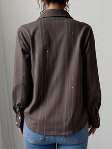 Women's Fashion Long Sleeve Glitter Striped Shirt, Shirt Collar, Button Front Design, Creates Elegant Casual Look - Coffee Brown - View 2
