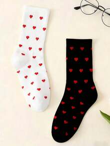 1 Đôi/2 Đôi Tất dài đến bắp chân màu đen và trắng dành cho nữ, Tất ngày lễ tình nhân, Tất đôi, Tất dài đến bắp chân đa năng và hình trái tim màu đỏ, Tất cho mọi mùa - Nhiều màu - Xem 3