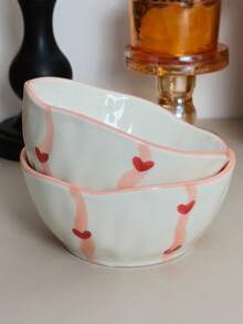 Cabin Kangaroo 1pc/2pcs/4pcs Set Asymmetrical Ceramic Bowl Set | 3D Heart Print Rustic Style Ceramic Bowl | Cute Pink Rim Snack/Salad Bowl, Suitable For Tabletop Decor And Daily Use - Multicolor - View 11
