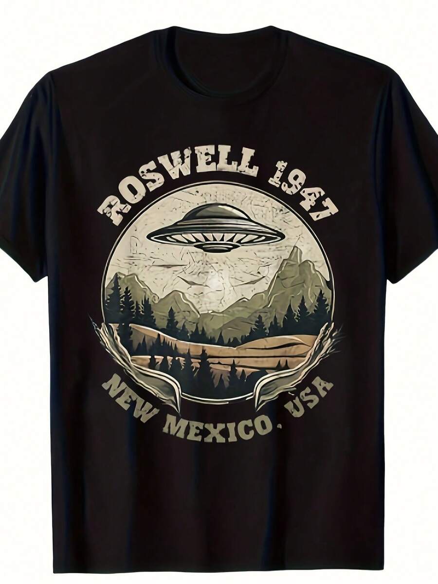 Camiseta gráfica de UFO alienígena Roswell 1947 para hombres - Diseño retro vintage de ciencia ficción con texto de Nuevo México, EE. UU., camiseta casual de manga corta negra, ajuste regular, lavable a máquina, declaración de moda única, cuello redondo clásico, tela cómoda, calidad de impresión duradera, camiseta de uso diario, tema espacial, material transpirable, para fanáticos de la cultura pop - Negro - Ver 1