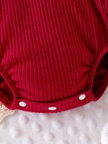 1 pièce Body bébé/tout-petit fille mignon de couleur unie côtelé à manches courtes + bandeau, confortable pour le printemps/l'été - Rouge - Voir 8