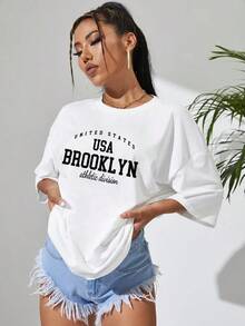 Camiseta Holgada Con Hombros Caídos Con Gráficos De Letras - Negro - Ver 5