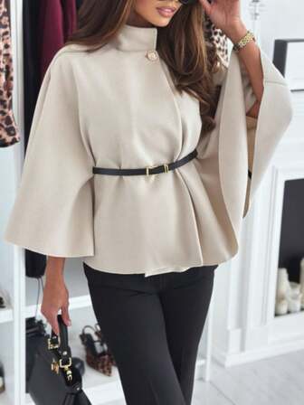 1개 여성용 솔리드 컬러 패션 신칭 웨이스트 타이 울 A라인 케이프 코트, 가을/겨울