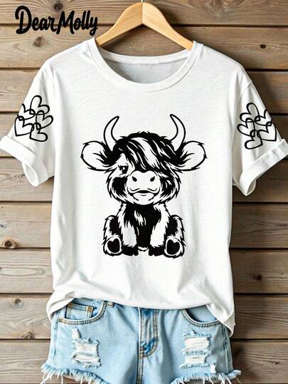 DEAR MOLLY Women's Cute Highland Cow Graphic Print Short Sleeve Round Neck T-Shirt, Casual Tee For Spring/Summer Daily Wear