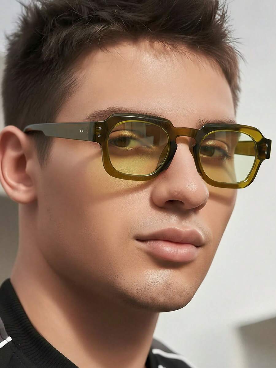 1 Pair Men's Olive Green Square PC Frame Personality Rivet Casual Fashionable Street Style Fashion Glasses - Olive Green - View 1