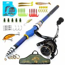 伸缩式玻璃纤维钓竿和渔线轮组合套装 - 纺车轮 + 全套钓具（鱼饵、鱼钩、鱼线），适用于淡水和海水垂钓 - 藍色 - 查看 6