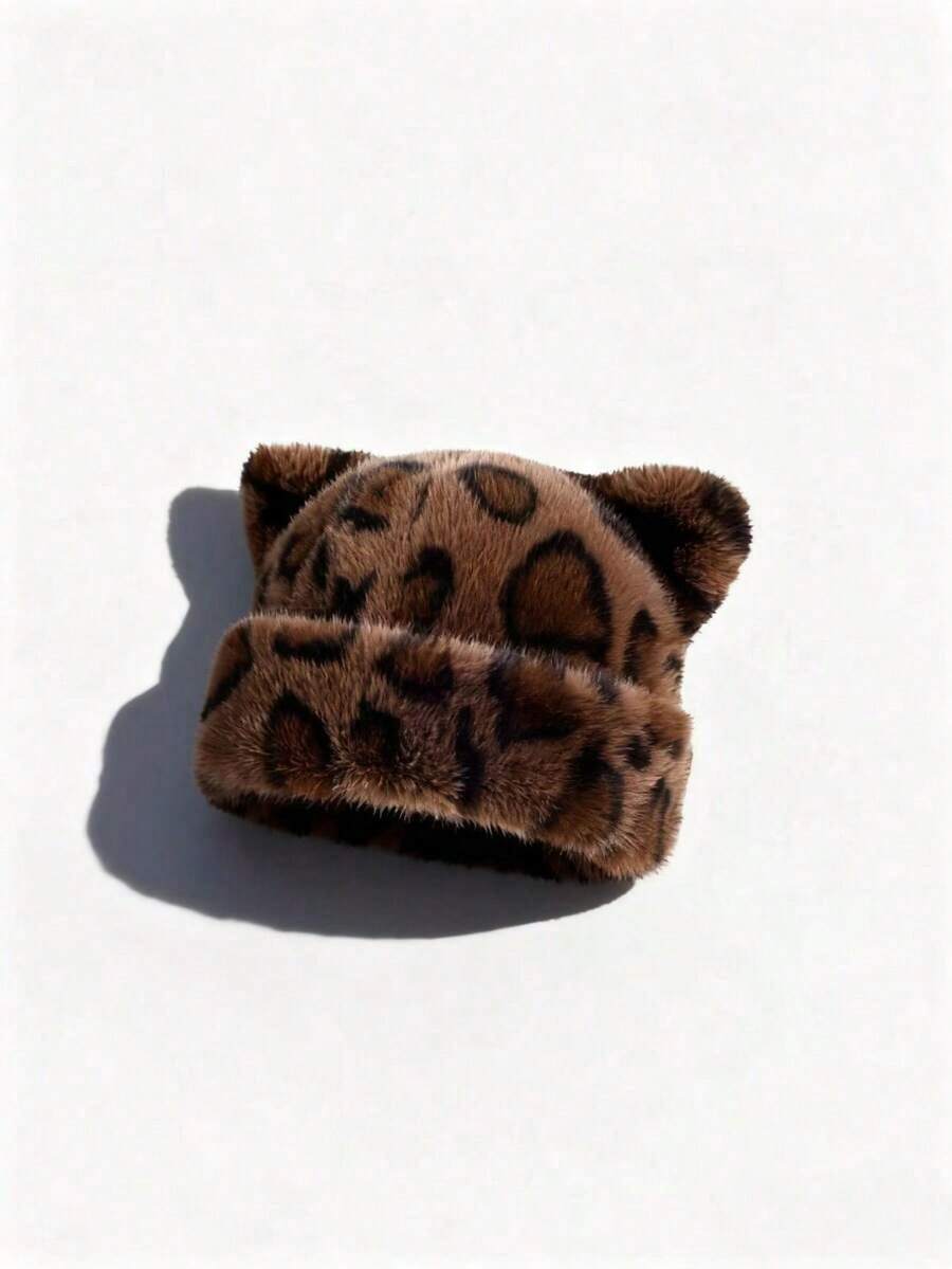 Leopard Plush Bear Ear Hat For Women, Cute & Sweet, Thick & Warm, Retro & Versatile Balaclava Beanie For Winter - A - View 1