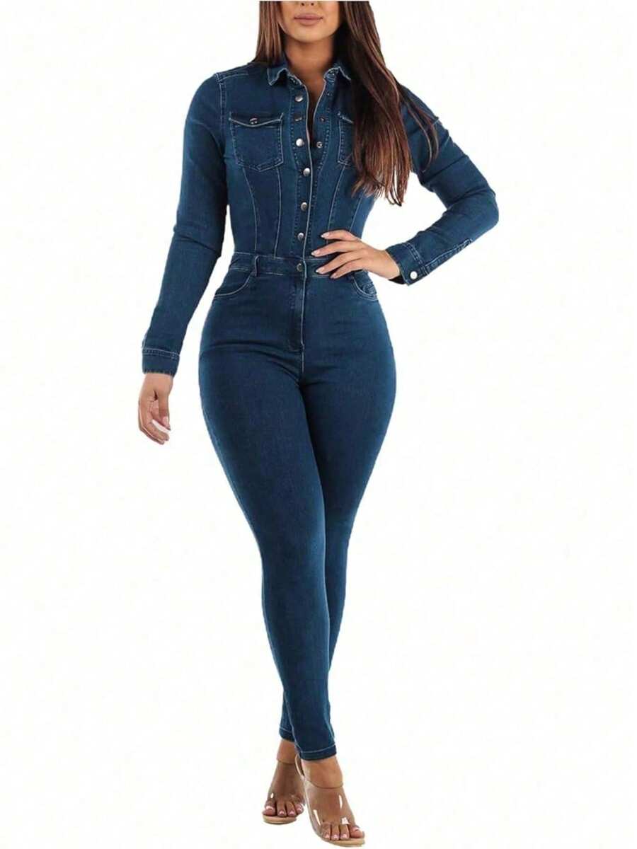 HERTALK Women Sexy Denim Buttons Lapel Full Length Jumpsuit Denim Overalls - 藍色 - 查看 1