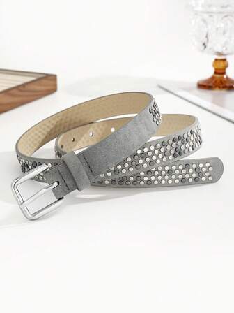 1pc Punk Style Women's Studded Belt With Star Decor, Hollow Perforated Faux Leather Versatile Accessory For Jeans, Casual, Beach, Party, Wedding And Daily Wear
