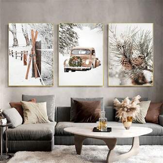 3pcs/Set Decorative Painting, Modern Winter Snow Scene, Skis, Car Wreath, Pine Cones, Dried Fruit Canvas Painting, Minimalist Decorative Mural For Home, Bedroom, Living Room, Background Wall, Christmas Gift Poster, Modern Canvas Painting (No Frame)