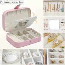 Travel Jewelry Case With Mirror, PU Leather Small Jewelry Boxes For Women, Portable Mini Travel Jewelry Organizer, Pink Jewelry Box For Necklace, Earring, Ring, Bracelets,Christmas Gift For Women,Pink - Pink - 查看 4