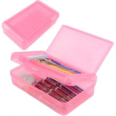 Pencil Case Double Layer Large Capacity Pink Plastic Pencil Box Clear Crayon Box Hard Pen Boxes With Snap-Tight Lid Storage Art Craft Box Marker Organizer For Boys Offices School Supplies