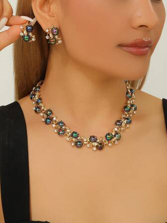 3pcs/Set Colorful Black Leaf Fashion Earrings & Necklace Jewelry Set, For Party & Occasion