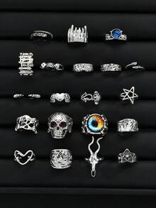 20枚哥特风恶魔之眼、骷髅、蛇、山羊、五芒星扑克牌图案戒指套装，适合日常时尚佩戴，情人节送给男友的礼物 - 銀色 - 查看 4
