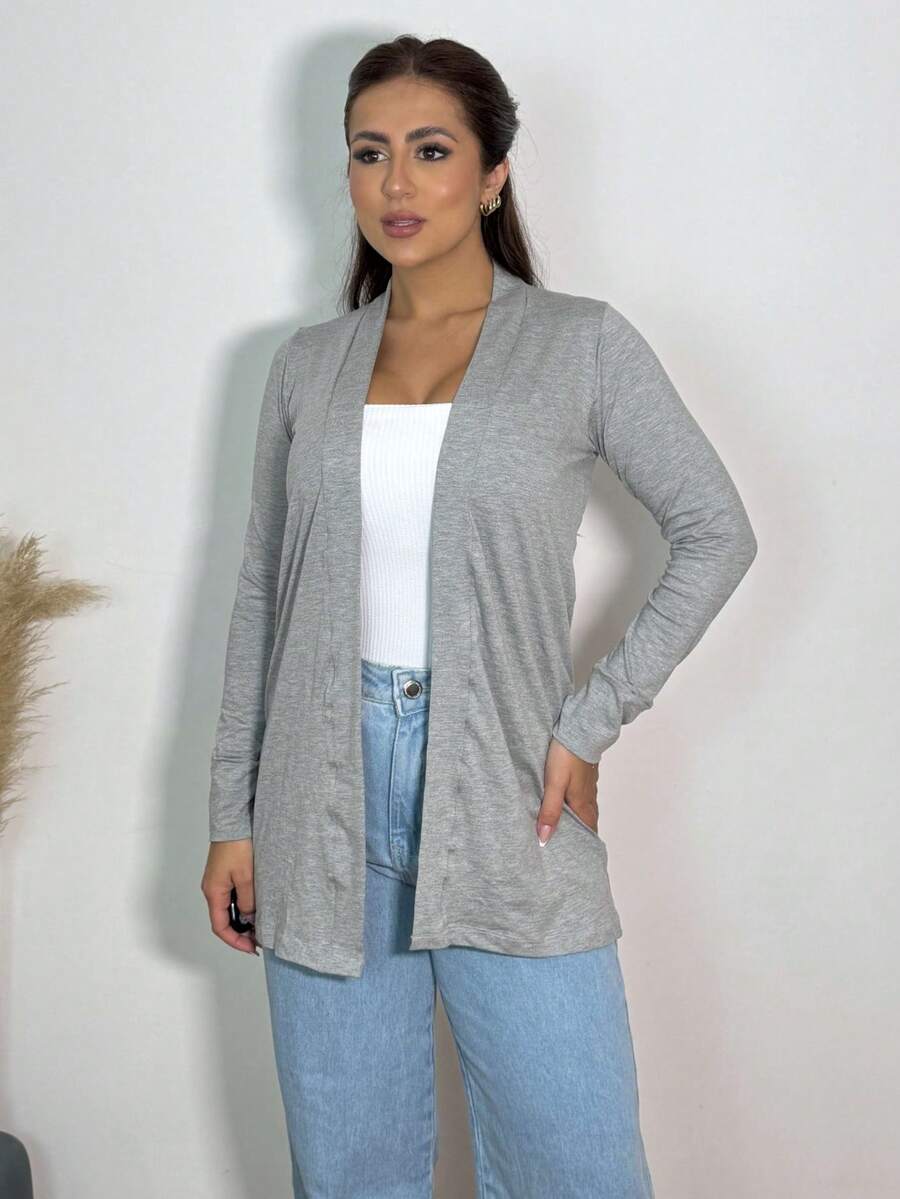 Women's Plain Cardigan Jacket, Kimono Style, Long Sleeve, Viscolycra Knit - Xám - Xem 1