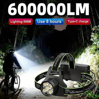 Ultra Bright 5 * LED Long-Range Strong Bald Head Headlight Torch, 3-Mode Aluminum Alloy Waterproof Headlamp, Outdoor Camping Fishing Front Light, Long Endurance 18650 Battery Rechargeable Flashlight