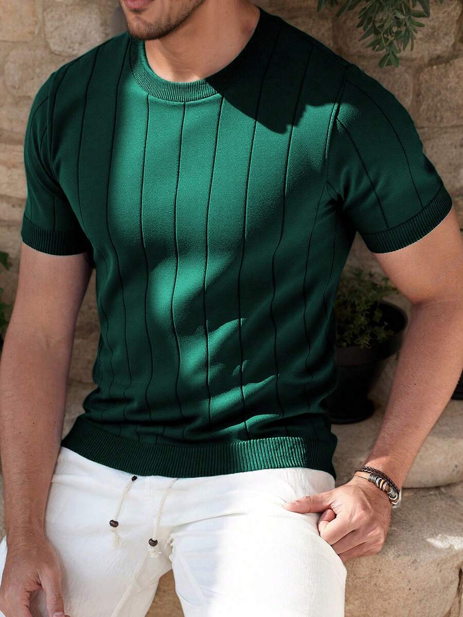 Men's Casual Solid Color Ribbed Knit Crew Neck Short Sleeve Top - Màu xanh Ô liu - Xem 1