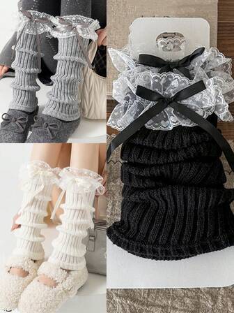 1 par de calentadores de piernas con lazo de encaje para otoño/invierno, estilo dulce de ballet, cálidos para primavera/otoño