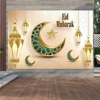 1pc Elegant Ramadan Kareem Theme Party Decoration Backdrop Banner (82.7x59.1/70.87*53.15/59.1x39.4/39.4x29.5 /39.4*27.56 Inch), Gold & Green Crescent Moon & Stars, Ramadan Lanterns Pattern, Suitable For Ramadan Celebration Party Entrance, Room, Garden Wall Decor, Eid Mubarak Theme Party Wall Decor Prop