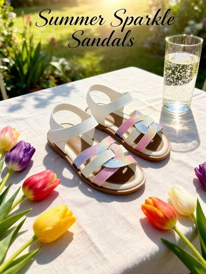 1双时尚儿童凉鞋，夏季儿童平底凉鞋，彩虹亮片双带设计，柔软防滑鞋底，透气舒适，魔术贴设计，适合宴会、派对、婚礼、度假等场合。