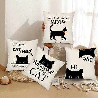TOPSSCTR 4 أغطية وسادة بنمط القطط - أسود، من البوليستر، بدون حشو - مثالية لأريكة المنزل، السرير، السيارة وديكور غرفة المعيشة