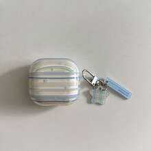 Semi-Transparent Pastel Blue & Green Striped Star Decor Earphone Case Compatible With Apple Pro 3/2/1, 4/3/2, Fashionable & Minimalist Earphone Case - Baby Blue - View 11