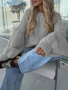 女士春秋季针织圆领长袖毛衣，纯色百搭休闲风，适合返校季、通勤、日常穿着，舒适柔软，米黄色系，少女温柔风格，易于搭配，简约毛衣款式 - 灰色 - 查看 3