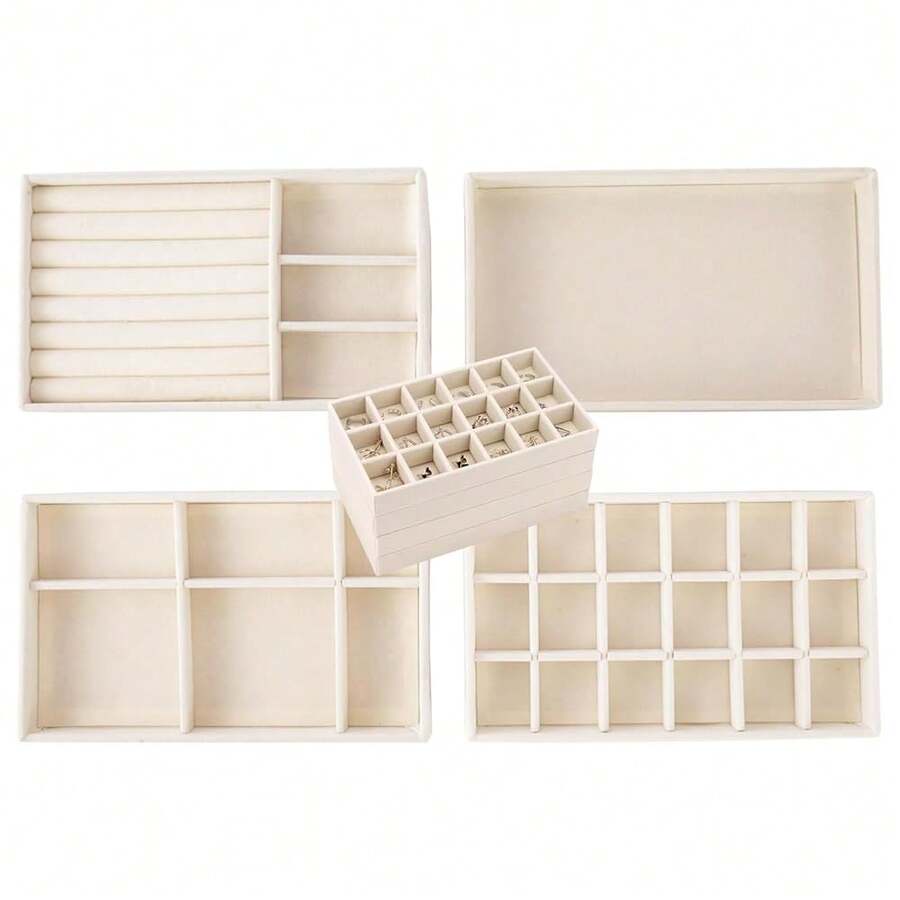 Jewelry Drawer Inserts For Drawers, Velvet Jewelry Storage Tray, Stackable Flat StacFKing Trays Display Case For Rings Stud Necklaces(Beige),Beige - 淺褐色的 - 查看 1