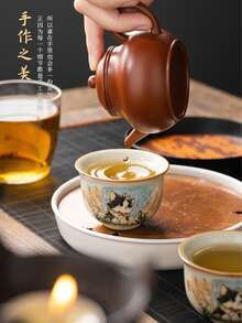 汝窑可爱猫咪圆鼎杯，陶瓷功夫茶具茶杯，手绘猫主人杯，家用茶碗单杯，汝窑瓷器茶碗茶道配件 - 彩色 - 查看 5