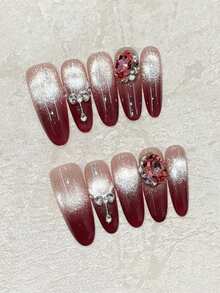 10片椭圆形酒红色法式美甲贴纸,饰有银色全息猫眼水钻和高品质星星点缀,适合鸡尾酒会、朋友聚会、约会等场合 - 可重复使用的手工指甲贴,配有迷你角质层推棒,美甲用品 - 紅色 - 查看 3